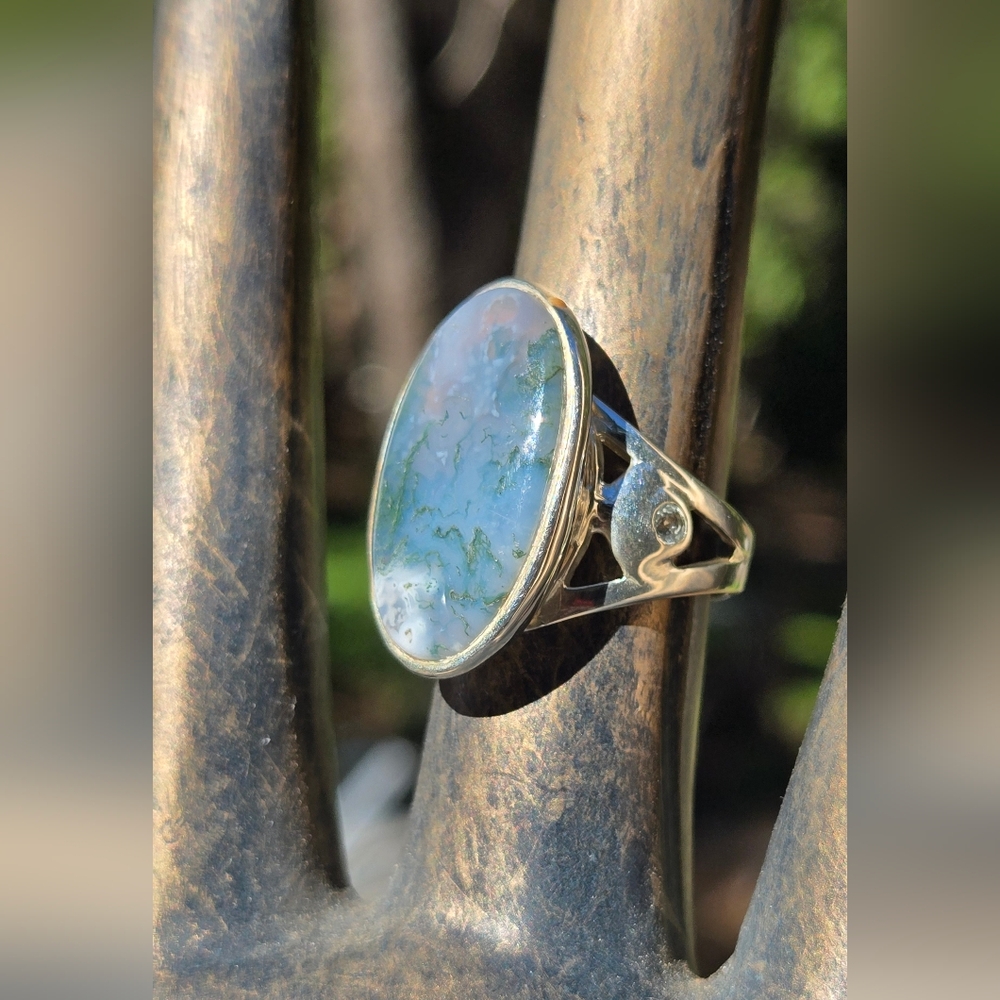 HOST PICK! 🎉🎊 Moss Agate & Topaz Natural Gemstone Sterling Ring Sz8 - Picture 7 of 11